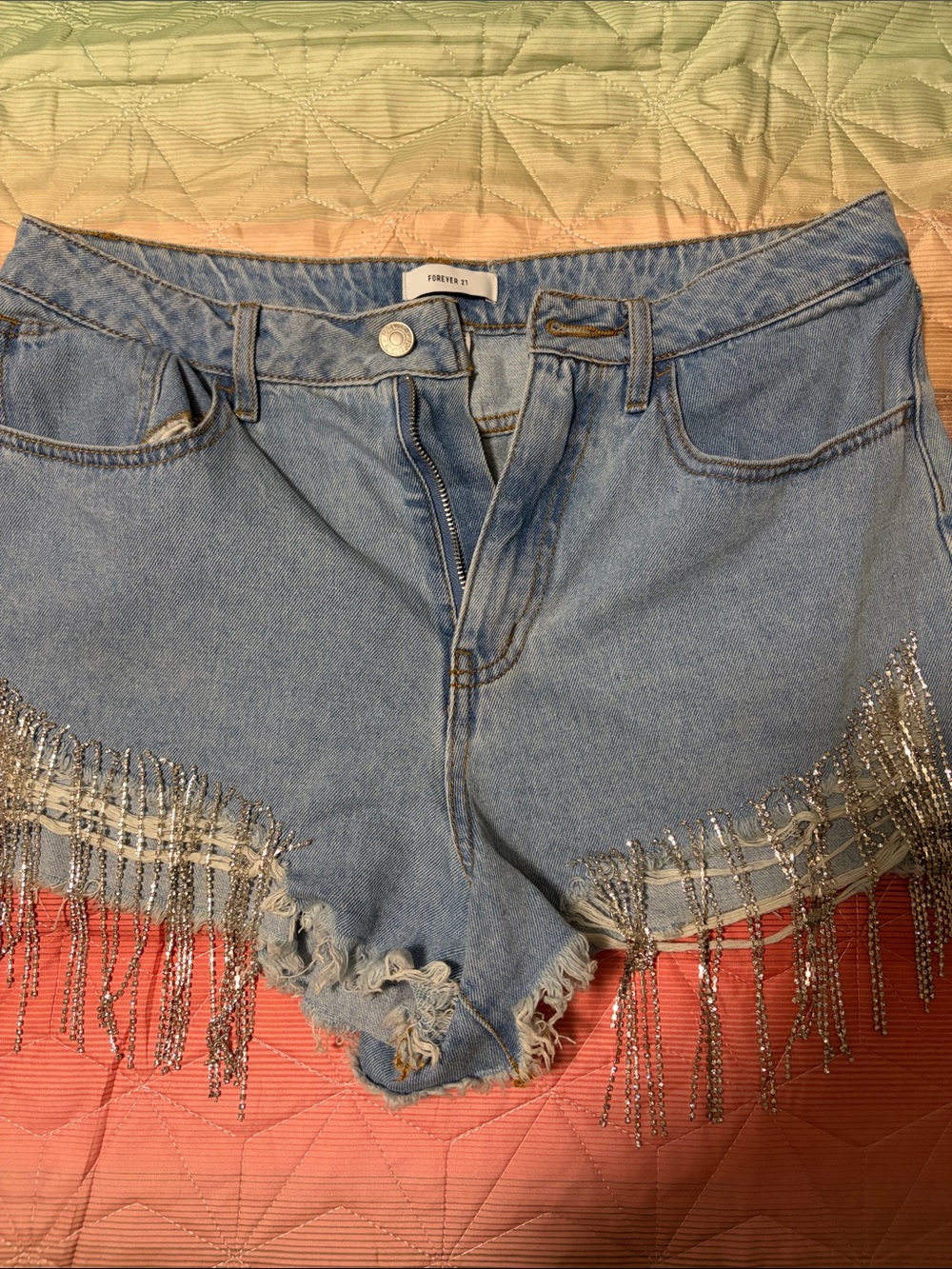 Forever 21 Light Blue Beaded Fringe Denim Shorts